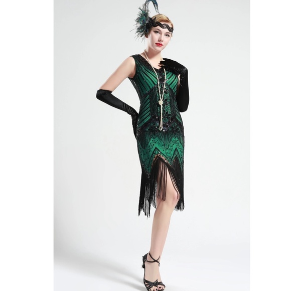 Black and Green glass beaded Fringe Flapper Dress - Picture 3 of 8